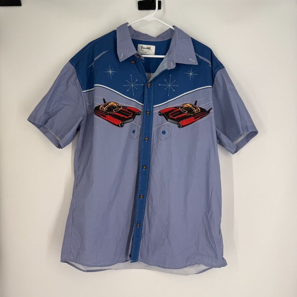 Boozelele Shirt 50s Atomic Retro Space Short Sleeve Button Up Blue Bowl Mens 2XL
